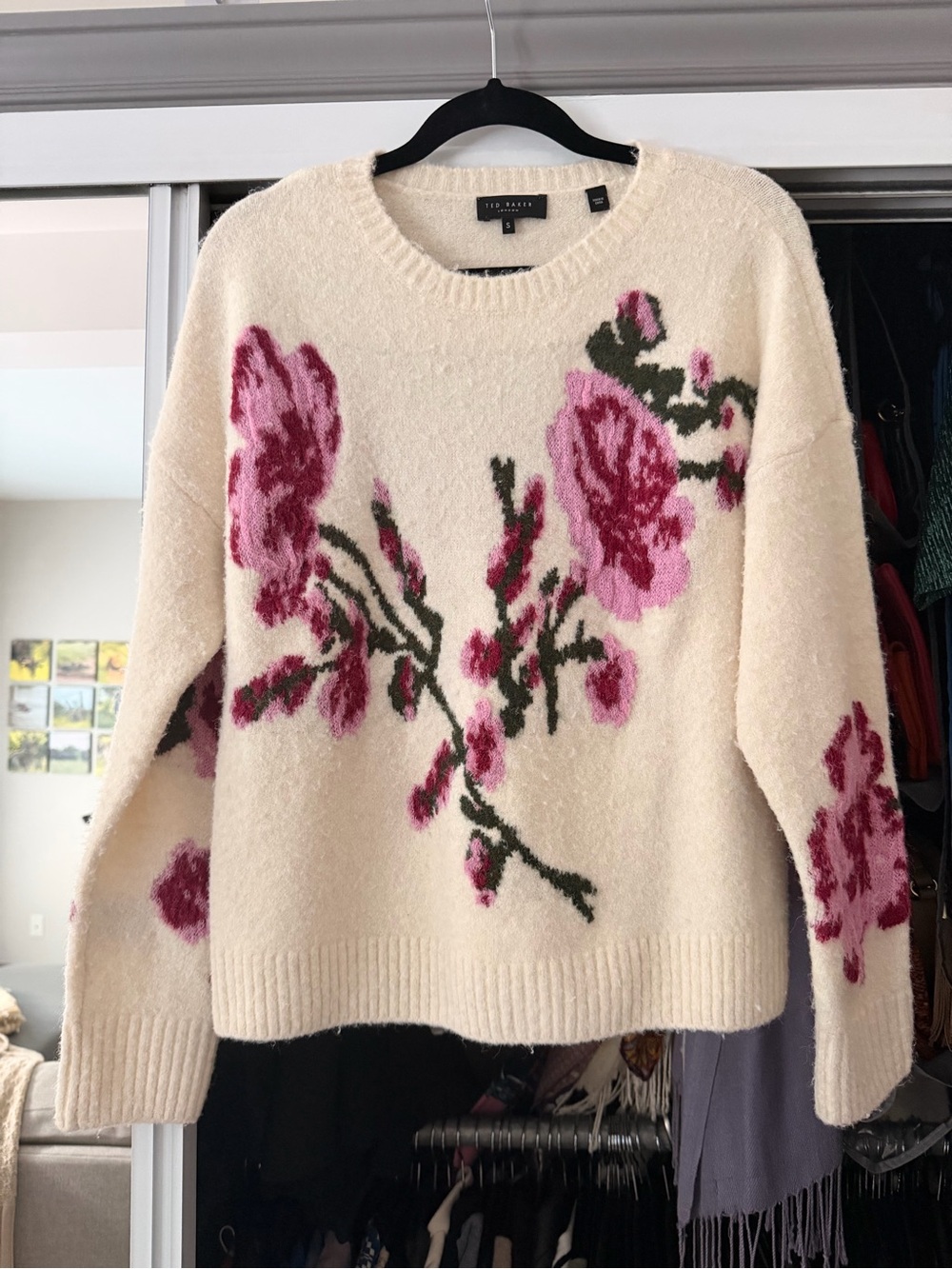 Ted Baker Cream Crewneck Sweater with Pink Floral Motif
